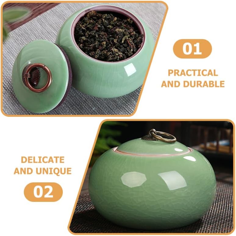 PRETYZOOM Ceramic Storage Jar Tea Canister 250ml Vintage Glaze Food Canisters with Lid Porcelain Candy Jar Airtight Condiment Pot for Loose Tea Coffee Spice Nuts Snack Green - Image 3