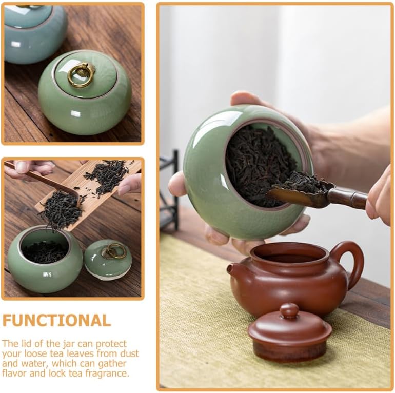 PRETYZOOM Ceramic Storage Jar Tea Canister 250ml Vintage Glaze Food Canisters with Lid Porcelain Candy Jar Airtight Condiment Pot for Loose Tea Coffee Spice Nuts Snack Green - Image 2
