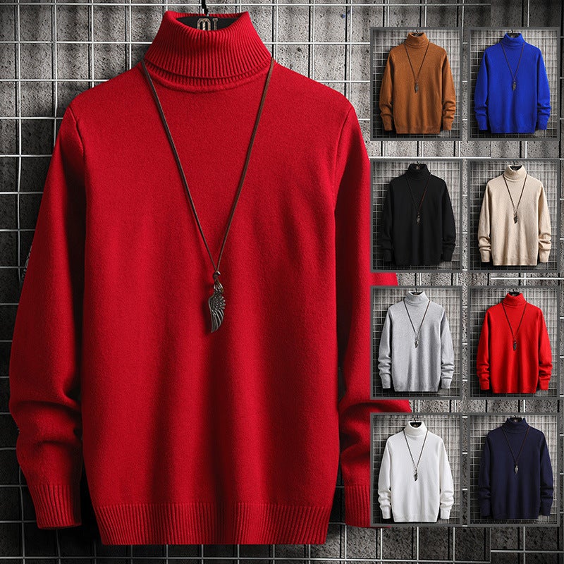 2022 Mens High Neck Sweater Knitted Slim Pullover Red