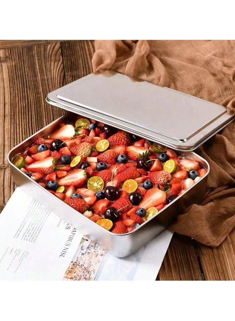 Stainless Steel Square Serving Tray with Lid – Multifunctional, Deep, and Thickened – Ideal for Baking, Tiramisu, Pastries, Roasted Fish, Grilled Meats, Steaming, and Storing Food – Perfect for Kitc - Image 1