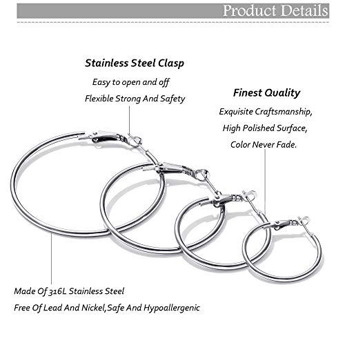 Cuicanstar 4 Pairs Silver Plated Hoop Earrings for Women Lightweight Hypoallergenic Silver Hoops Stainless Steel Hoop Earrings Loop Earrings Set - Image 3