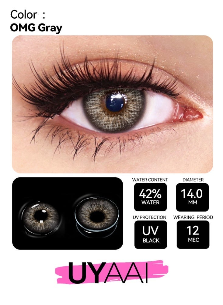 يواي عدسات لاصقة ملونة سنوية رمادية اللون، عدسات لاصقة تجميلية للجنسين، عدسات طبيعية عصرية، 42٪ ماء - Image 2
