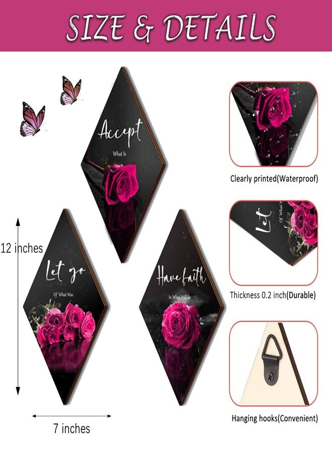 ZINYAZHE 3 Pcs Pink Wall Decor Pink Rose Bathroom Decor Farmhouse Pink Bedroom decor Inspirational Wood Office Wall Art with Accept Let Go Have Faith Sign for Girl Women Living Room Bedroom(Pink Rose12x7 Inch) - Image 3