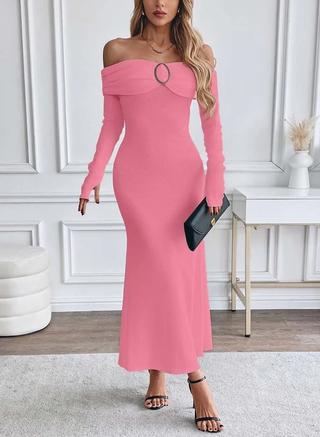 Styli  Pink Off Shoulder Bodycon Midi Dress for Women | Best Price UAE