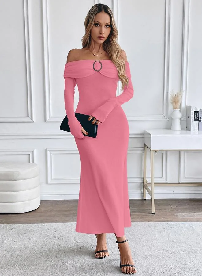 Pink Off Shoulder Bodycon Midi Dress