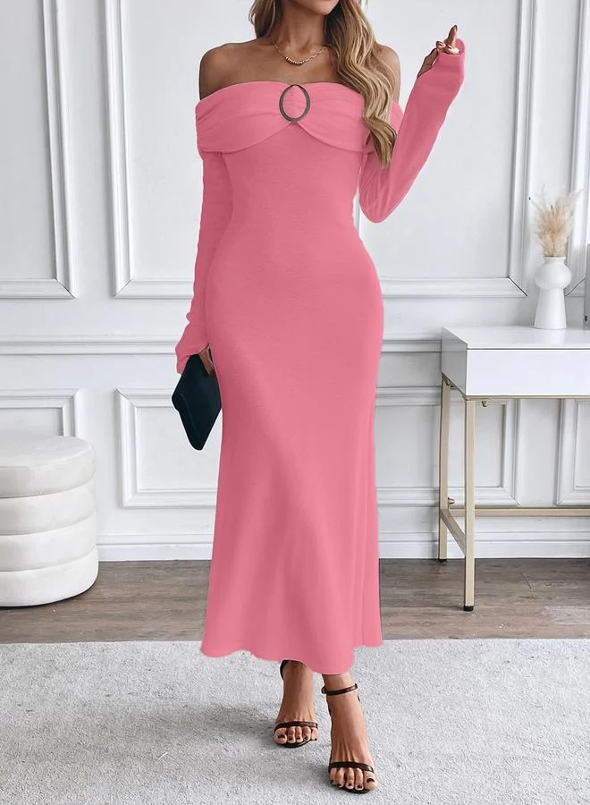 Styli  Pink Off Shoulder Bodycon Midi Dress for Women | Best Price UAE