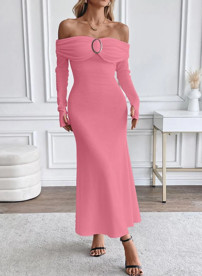 Styli  Pink Off Shoulder Bodycon Midi Dress for Women | Best Price UAE