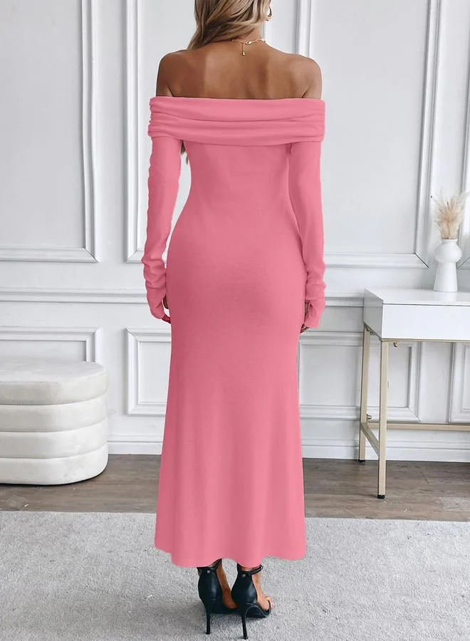 Styli  Pink Off Shoulder Bodycon Midi Dress for Women | Best Price UAE