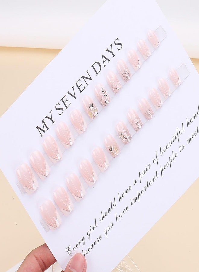 KRTBKR 24Pcs French Tips Press on Nails Short Square Fake Nails Nude Pink Sequins Glue on Nails with Flower Designs Artificial White Nail Tips Stick on Nails Glitter False Nails for Women Acrylic Nails Tips - Image 4
