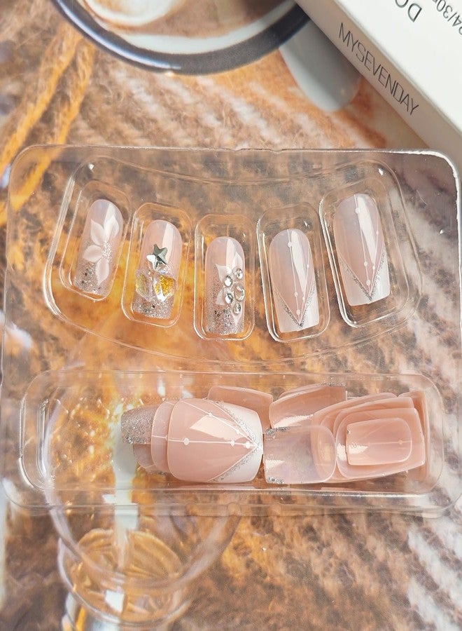 KRTBKR 24Pcs French Tips Press on Nails Short Square Fake Nails Nude Pink Sequins Glue on Nails with Flower Designs Artificial White Nail Tips Stick on Nails Glitter False Nails for Women Acrylic Nails Tips - Image 2
