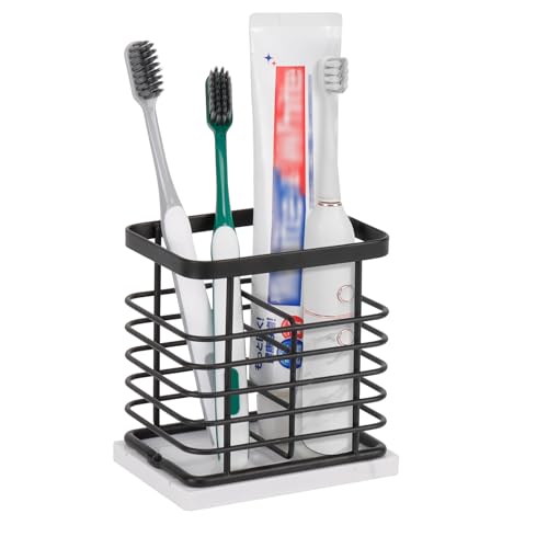 HarJue Toothbrush Holder, Luxurious Metal Toothbrush Toothpaste Holder with Marble Base for Bathroom, Multi-Slots Openwork Design, Bathroom Accessory for Storage and Organizer (Small, Matte Black) - Image 1