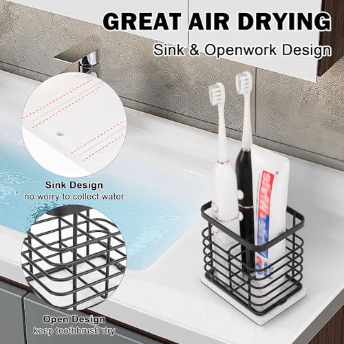 HarJue Toothbrush Holder, Luxurious Metal Toothbrush Toothpaste Holder with Marble Base for Bathroom, Multi-Slots Openwork Design, Bathroom Accessory for Storage and Organizer (Small, Matte Black) - Image 3