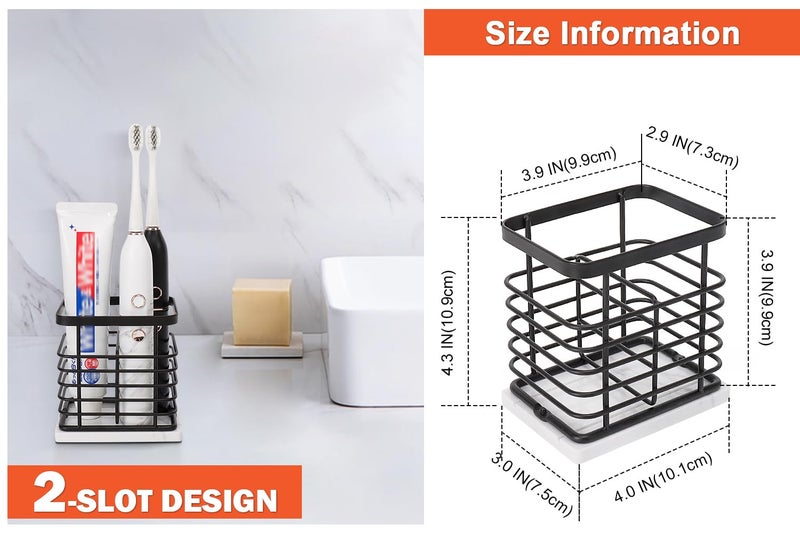 HarJue Toothbrush Holder, Luxurious Metal Toothbrush Toothpaste Holder with Marble Base for Bathroom, Multi-Slots Openwork Design, Bathroom Accessory for Storage and Organizer (Small, Matte Black) - Image 2