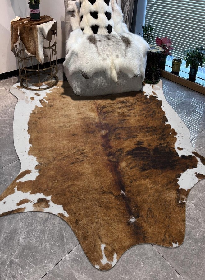 DweIke Faux Cowhide Print Rug for Living Room, 4.6 x 5.2 ft Brown Western Animal Cow Hide Rugs, Non Slip Cool Cow Skin Carpet for Bedroom Dining Room Farmhouse Entrance Home Decor, Brown - Image 3