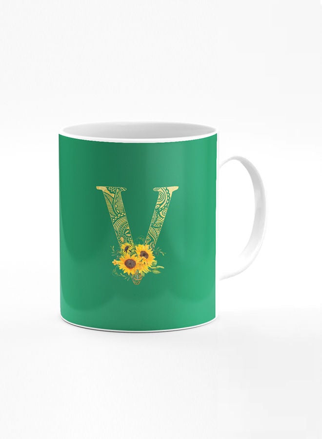 Stylizedd Designer Printed Coffee Mug 11oz Ceramic Personalised Gift Mugs Cup Custom Monogram Initial Letter Floral Pattern Alphabet V (Dark Spring Green)  - Image 1