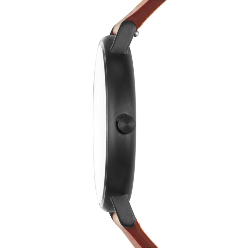 Skagen ساعة سكاجن للرجال بتصميم ثلاثي العقارب من الفولاذ المقاوم للصدأ الأسود وحزام جلد بني (الموديل: SKW6374) - Image 2