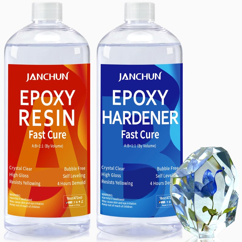 JANCHUN Crystal Clear Epoxy Resin Kit 32OZ, Bubble-Free, Anti-Yellowing, Self Leveling Easy Mix 1:1 Coating and Casting Resin for Table Top, Molds, Tumbler Crafts, Painting, Jewelry, DIY Gifts - Image 1