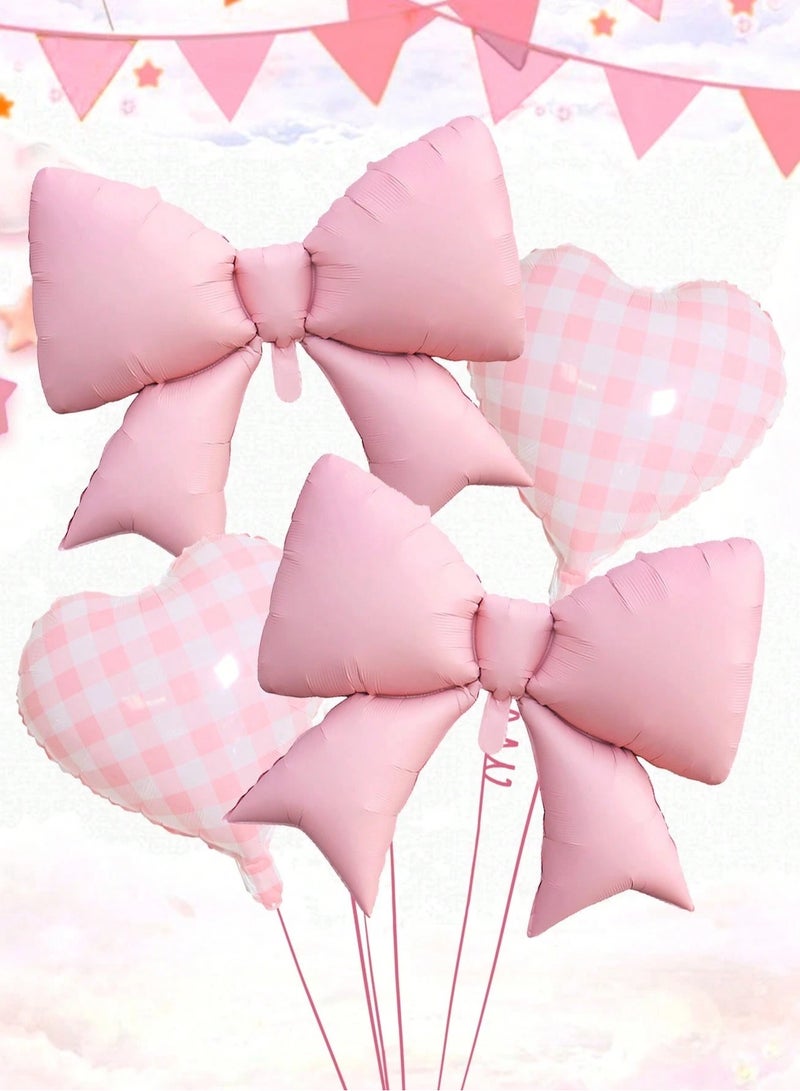 Birthday party decoration set of 4 pink balloons featuring heart and bow designs – perfect decoration for birthdays, baby showers, gender reveal parties, and kids celebrations. - Image 1