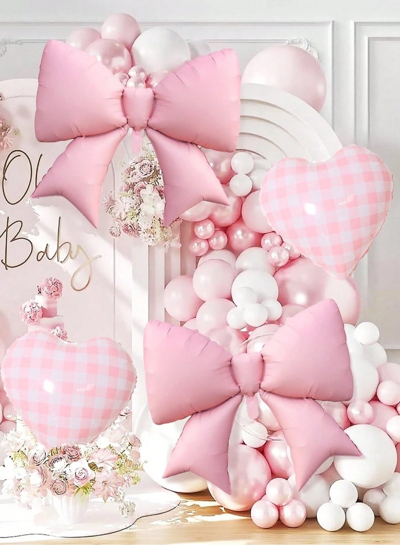 Birthday party decoration set of 4 pink balloons featuring heart and bow designs – perfect decoration for birthdays, baby showers, gender reveal parties, and kids celebrations. - Image 2