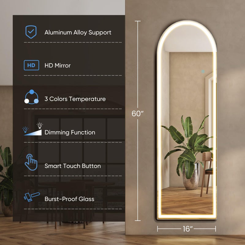 Aidoly 16"Ã—60" Arched LED Full Length Mirror with Stand, Full Body Wall-Mount Mirror with LED Lights 3 Color Lighting, Hanging or Leaning, Floor Standing, Modern Simple Home Wall Decor - Image 2