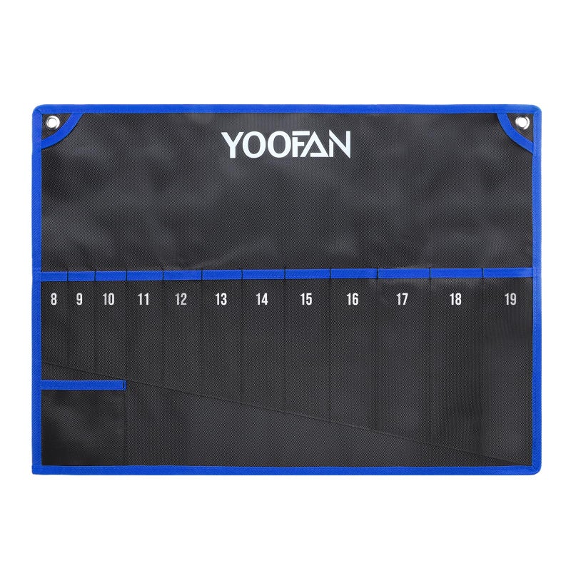 YOOFAN Wrench Roll Up Pouch â€“ Wrench Organizer with 12+1 Pockets, Wrench Bag with Handle, Wrench Holder for Hanging, Blue â€“ Metric - Image 1