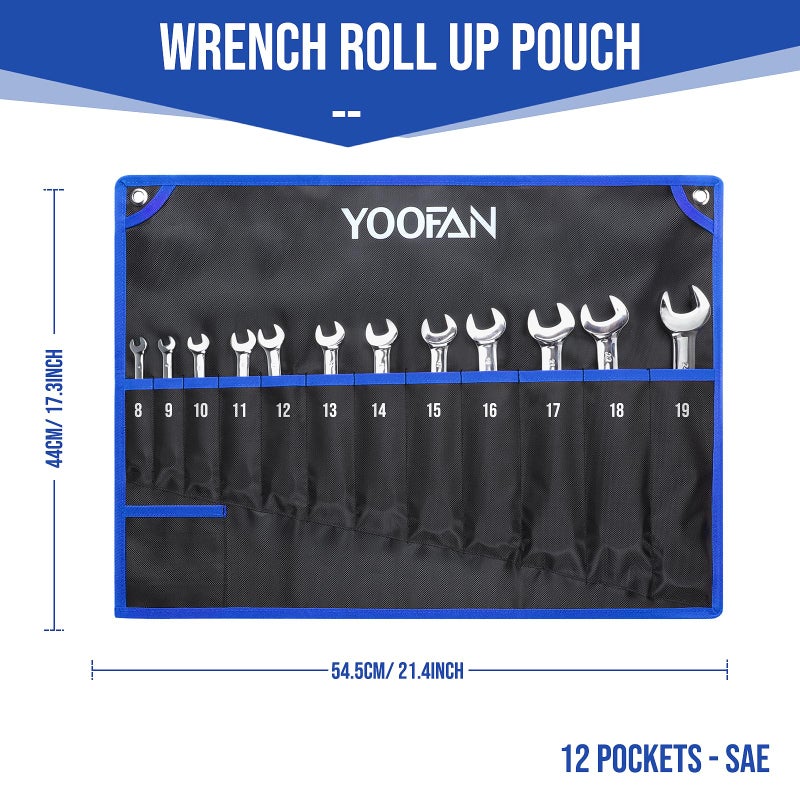 YOOFAN Wrench Roll Up Pouch â€“ Wrench Organizer with 12+1 Pockets, Wrench Bag with Handle, Wrench Holder for Hanging, Blue â€“ Metric - Image 2