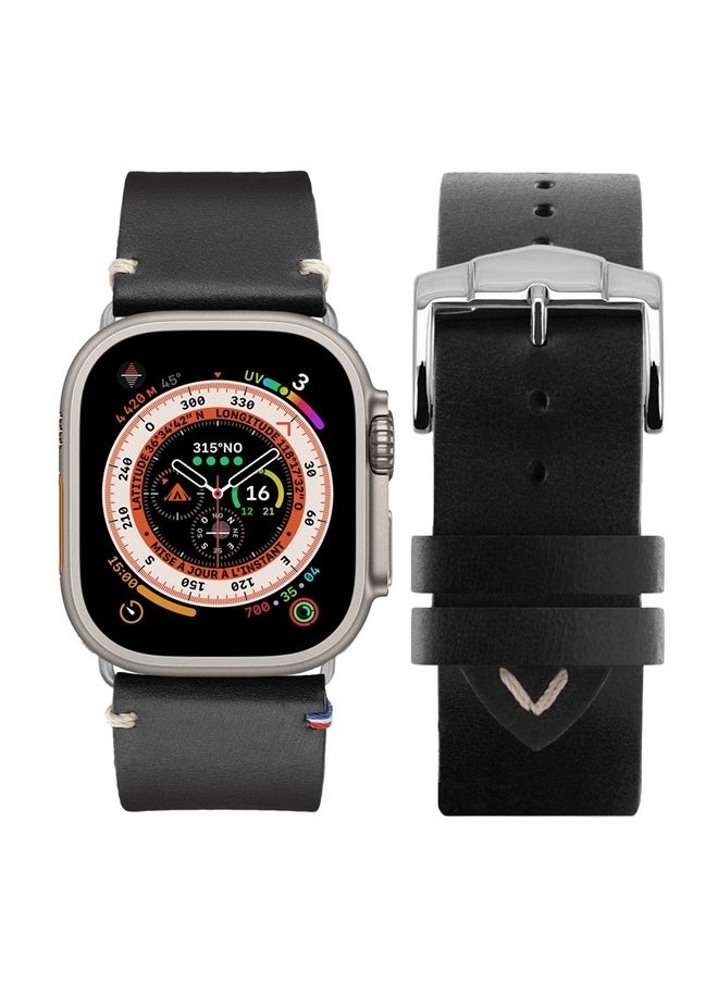 Eternel - Apple Watch Band Compatible with Apple Watch Vintage Logan Black 42/44/45/49 mm Adapters Ultra (Titanium) - Full Grain Leather Handmade in France - Compatible with All Apple Watch - Image 1