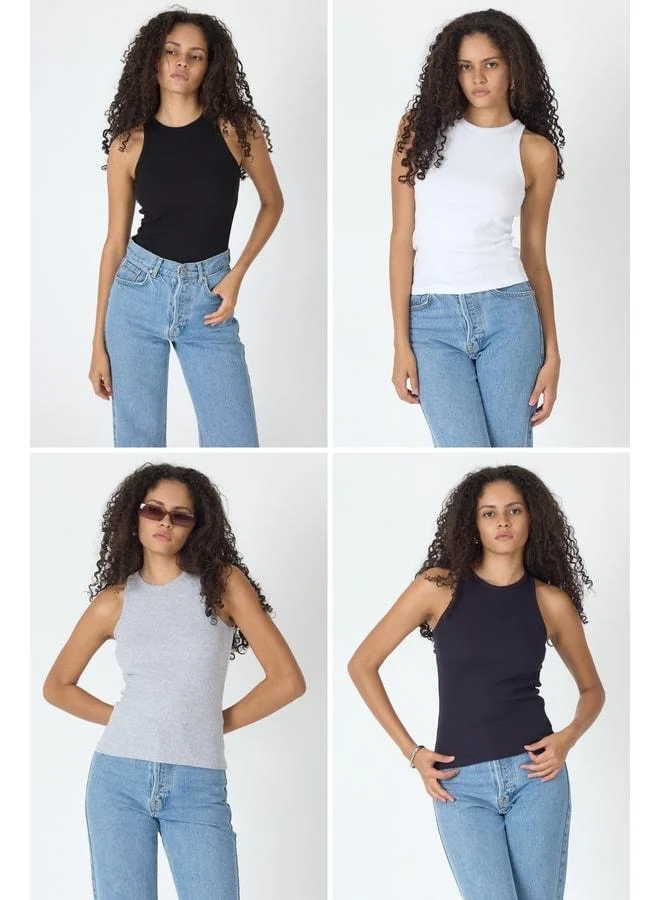 mmetalic Women's Ribbed Regular Fit Standard Cut Cotton Sleeveless Crew Neck 4-Pack in Black, White, Gray, and Navy