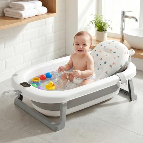 Mee Mee Baby Bath Tub with Digital Temperature Display | Foldable BPA-Free Infant Tub with Anti-Skid Base, Insulated Walls & Drain Plug | Included Components: Tub, Drain Plug, Cushion | 0–3 Years (Up to 20 kg)(Grey) - Image 1