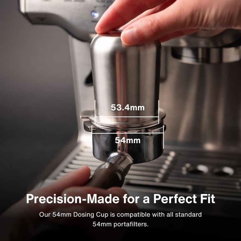 CREMA Coffee Products 54mm Dosing Cup | Compatible with any 54mm Portafilters | Durable 100% Stainless Steel | Built-In Grinder Tab for Easy Transfer | Brushed Silver Finish - Image 2