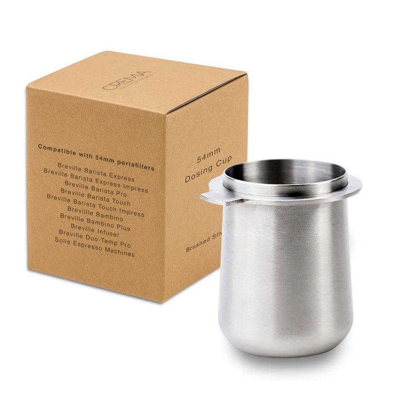CREMA Coffee Products 54mm Dosing Cup | Compatible with any 54mm Portafilters | Durable 100% Stainless Steel | Built-In Grinder Tab for Easy Transfer | Brushed Silver Finish - Image 1