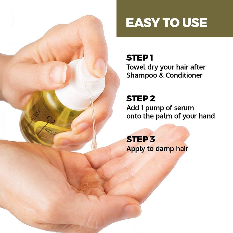 FOCUS Perfect Hair Coconut Oil Hair Serum - Natural Hair Oil Infused with Raw Virgin Olive Oil, Sweet Almond and Keratin - Smoothing Hair Oil for Frizzy, Dry & Damaged Hair - 50ml (1 Pack) - Image 3