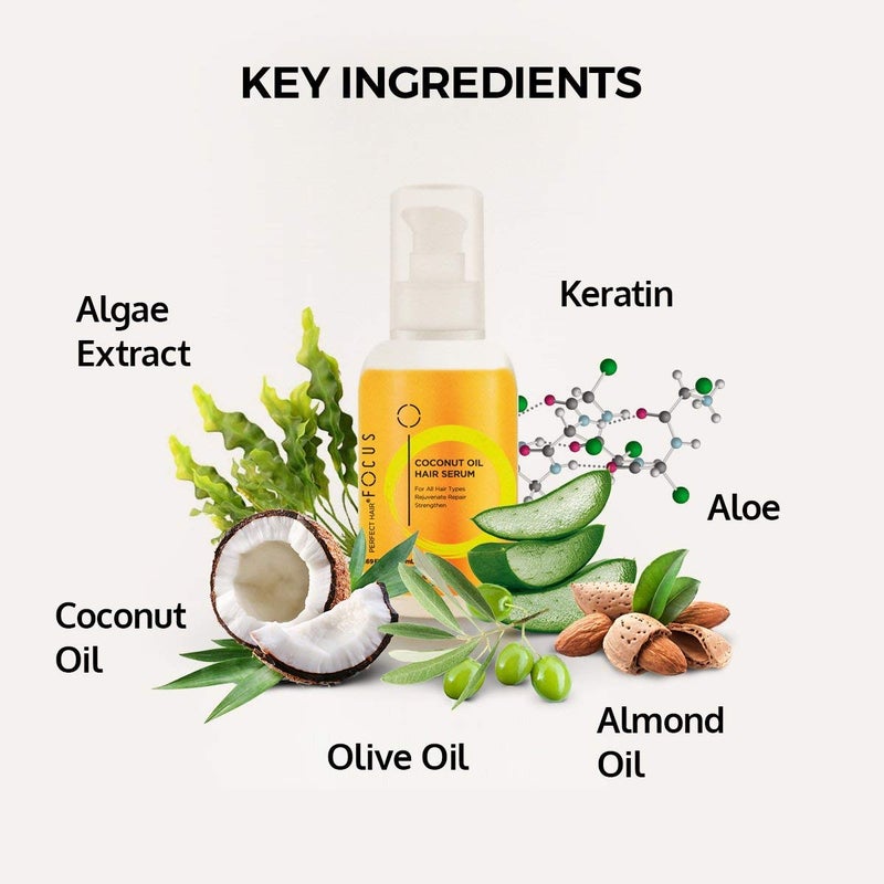 FOCUS Perfect Hair Coconut Oil Hair Serum - Natural Hair Oil Infused with Raw Virgin Olive Oil, Sweet Almond and Keratin - Smoothing Hair Oil for Frizzy, Dry & Damaged Hair - 50ml (1 Pack) - Image 2