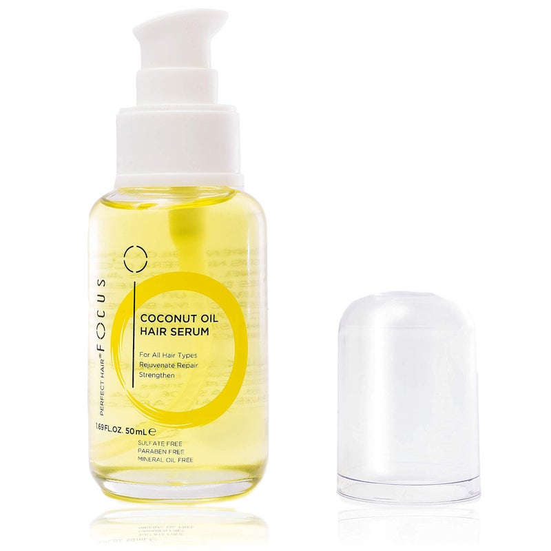 FOCUS Perfect Hair Coconut Oil Hair Serum - Natural Hair Oil Infused with Raw Virgin Olive Oil, Sweet Almond and Keratin - Smoothing Hair Oil for Frizzy, Dry & Damaged Hair - 50ml (1 Pack) - Image 1
