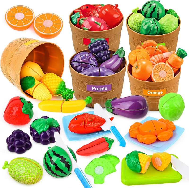 Fegalop Learning Toys Play Food Set for Toddlers,59 PCS Color Sorting Play Food Set Cutting Toys Pretend Food Play Kitchen Accessories ,Learning Educational Toys Color and Food Matching Games for Toddler Kids - Image 1