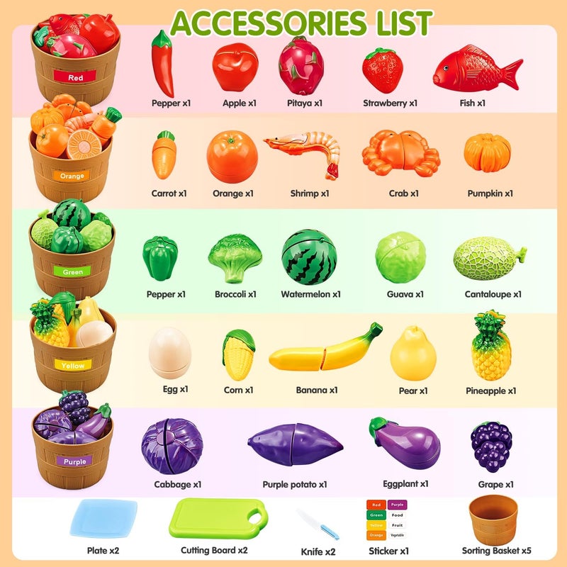 Fegalop Learning Toys Play Food Set for Toddlers,59 PCS Color Sorting Play Food Set Cutting Toys Pretend Food Play Kitchen Accessories ,Learning Educational Toys Color and Food Matching Games for Toddler Kids - Image 2