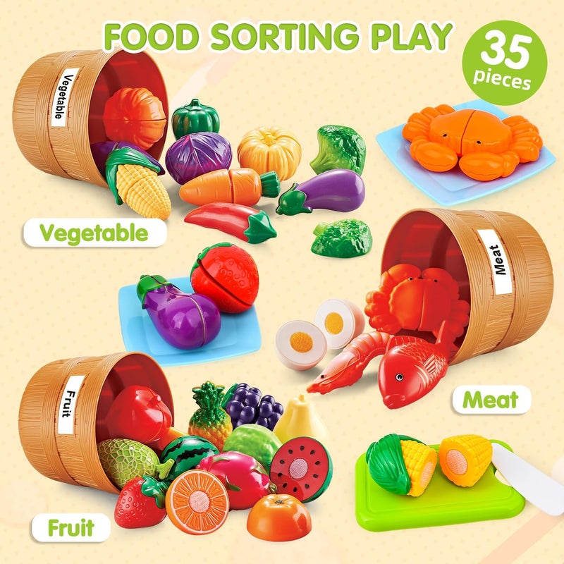 Fegalop Learning Toys Play Food Set for Toddlers,59 PCS Color Sorting Play Food Set Cutting Toys Pretend Food Play Kitchen Accessories ,Learning Educational Toys Color and Food Matching Games for Toddler Kids - Image 3