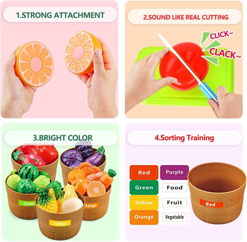 Fegalop Learning Toys Play Food Set for Toddlers,59 PCS Color Sorting Play Food Set Cutting Toys Pretend Food Play Kitchen Accessories ,Learning Educational Toys Color and Food Matching Games for Toddler Kids - Image 4