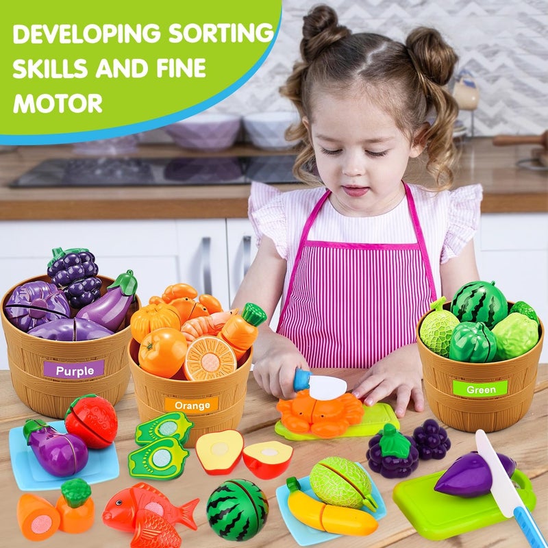 Fegalop Learning Toys Play Food Set for Toddlers,59 PCS Color Sorting Play Food Set Cutting Toys Pretend Food Play Kitchen Accessories ,Learning Educational Toys Color and Food Matching Games for Toddler Kids - Image 5