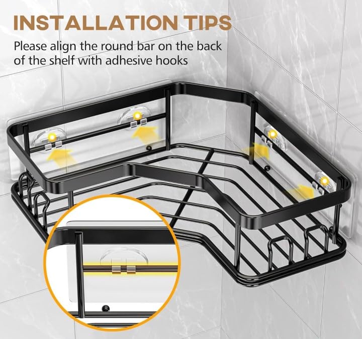 RIOMAX Wall Mounted Self-Adhesive Bathroom Corner Shelf/Kitchen Rack & Holder - Bathroom Accessories (Material - Metal, Powder Coated Finish, Black, Thick Railing Pack of 1) - Image 5