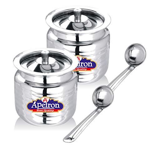 Apeiron Stainless Steel Oil Pot with Spoon and Lid- 300 ml, 2 pieces, Silver… - Image 1