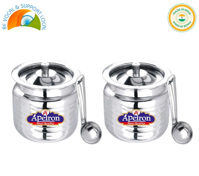 Apeiron Stainless Steel Oil Pot with Spoon and Lid- 300 ml, 2 pieces, Silver… - Image 2