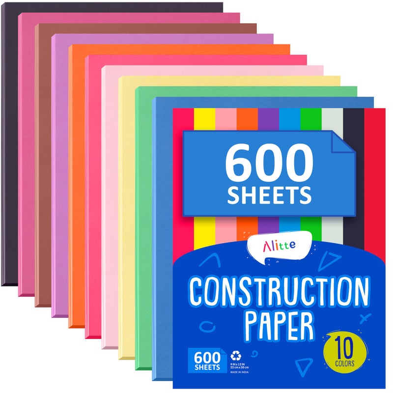 Alitte Construction Paper Assorted Colors - (600 Sheets, 9x12), Craft Paper, 10 Bright Colors - Bulk Pack Arts & Crafts Projects - Colored Paper For Preschool, Home, And Classroom Supplies - Image 1