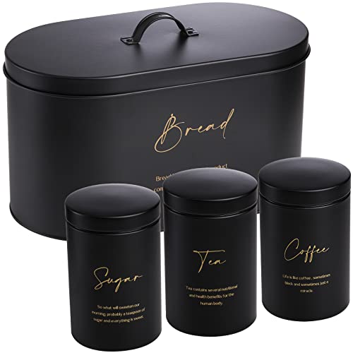 Hacaroa Set of 4 Bread Box and Canister Set for Kitchen Countertop, Metal Bread Bin Sugar Tea Coffee Storage Canister with Lid, Biscuit Tin Set for Loaf, Pastry, Dry Food, Black - Image 1