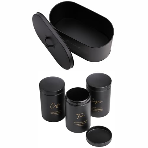 Hacaroa Set of 4 Bread Box and Canister Set for Kitchen Countertop, Metal Bread Bin Sugar Tea Coffee Storage Canister with Lid, Biscuit Tin Set for Loaf, Pastry, Dry Food, Black - Image 3