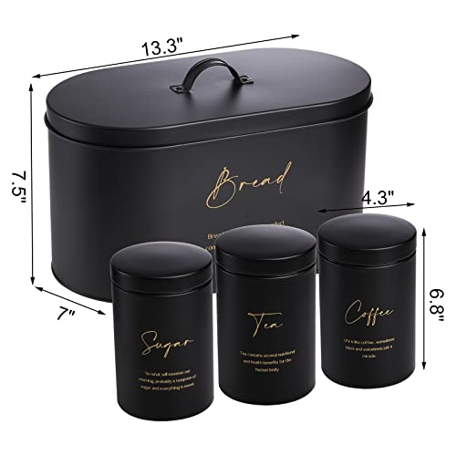 Hacaroa Set of 4 Bread Box and Canister Set for Kitchen Countertop, Metal Bread Bin Sugar Tea Coffee Storage Canister with Lid, Biscuit Tin Set for Loaf, Pastry, Dry Food, Black - Image 2