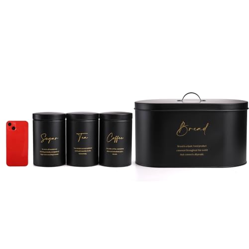 Hacaroa Set of 4 Bread Box and Canister Set for Kitchen Countertop, Metal Bread Bin Sugar Tea Coffee Storage Canister with Lid, Biscuit Tin Set for Loaf, Pastry, Dry Food, Black - Image 4