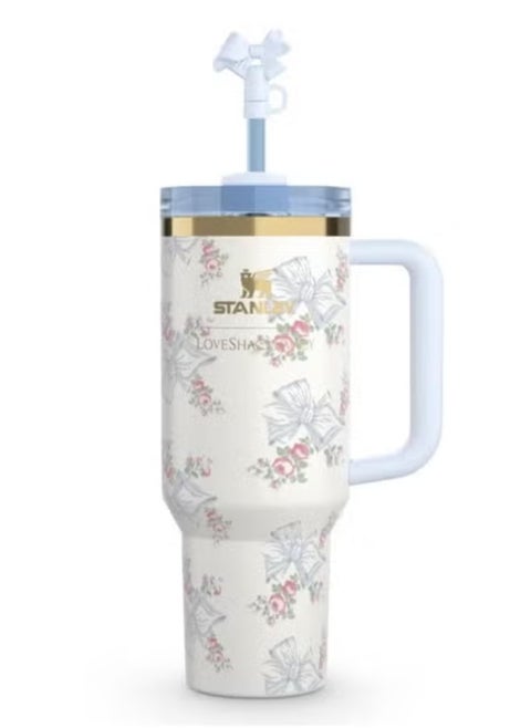 Premium 40 OZ Insulated Stainless Steel Tumbler with Handle & Straw in Rosa Beaux Blue – Leak-Resistant, BPA-Free, Travel-Friendly Mug Keeps Drinks Hot or Cold for Hours – Reusable Eco-Friendly Cup for Office, Gym, Gifting & Everyday Use