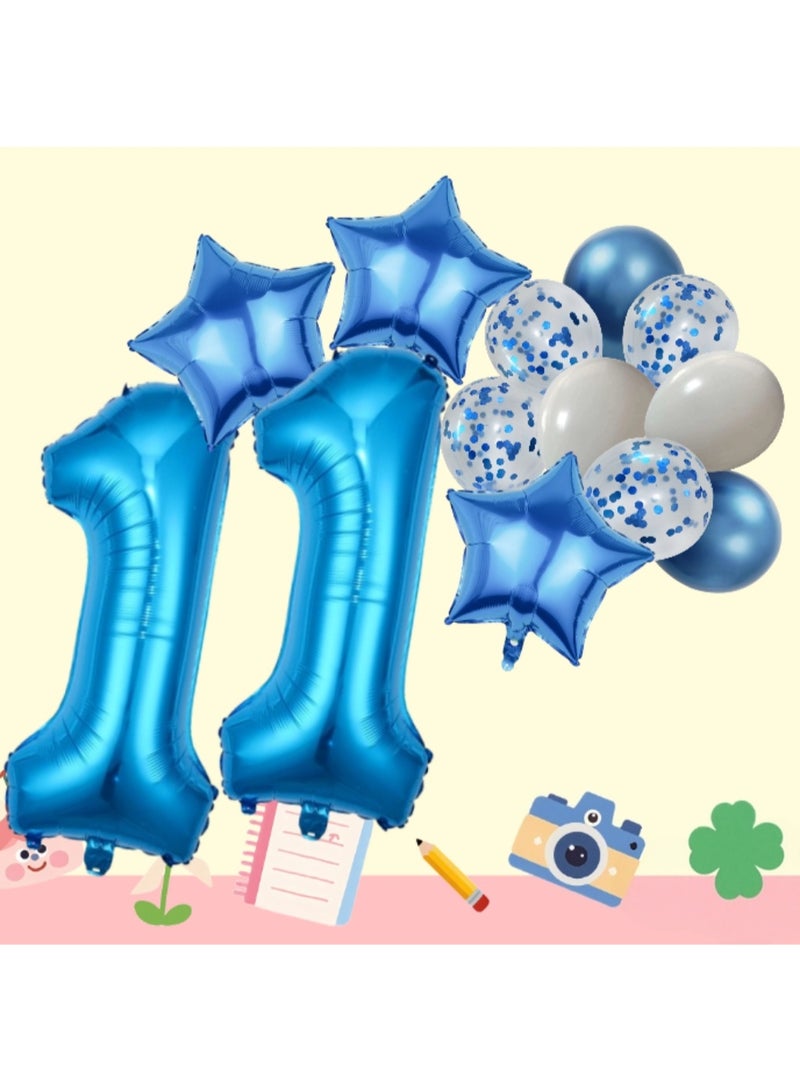 Blue Birthday Number 11 Foil Balloon Set – Includes Blue Star Foil & Latex Balloons for Birthday & Anniversary Party Decoration