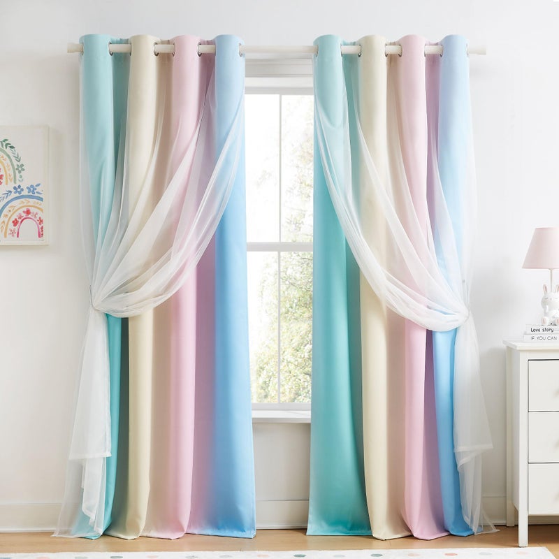Geomoroccan Rainbow Ombre 100% Blackout Curtains 84 Inches Long 2 Panels for Kids Bedroom Living Room Double Layer Sheer Overlay Mix & Match Grommet Thermal Insulated Soundproof Drapes with Tiebacks - Image 2